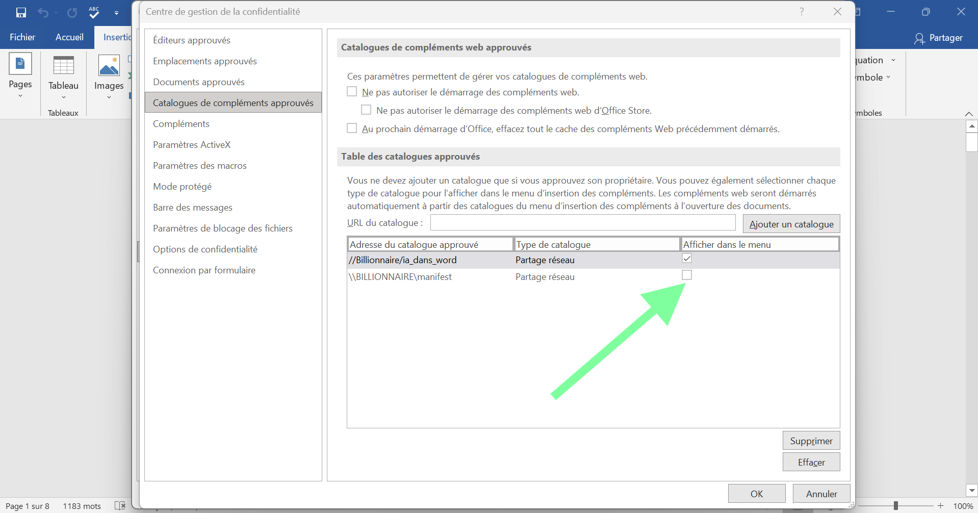 Sélectionner le catalogue et afficher dans le menu