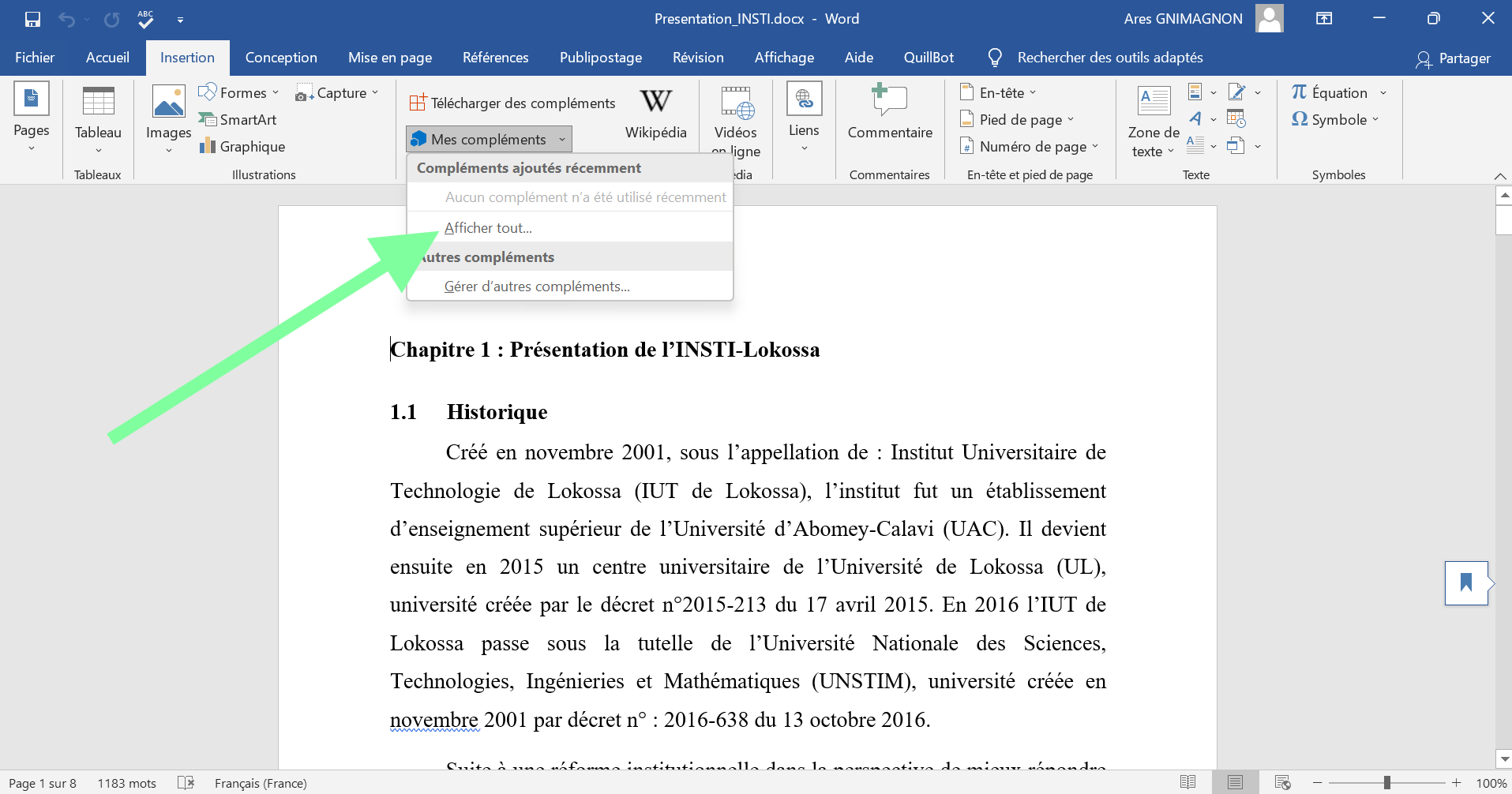 Accéder aux compléments dans Word