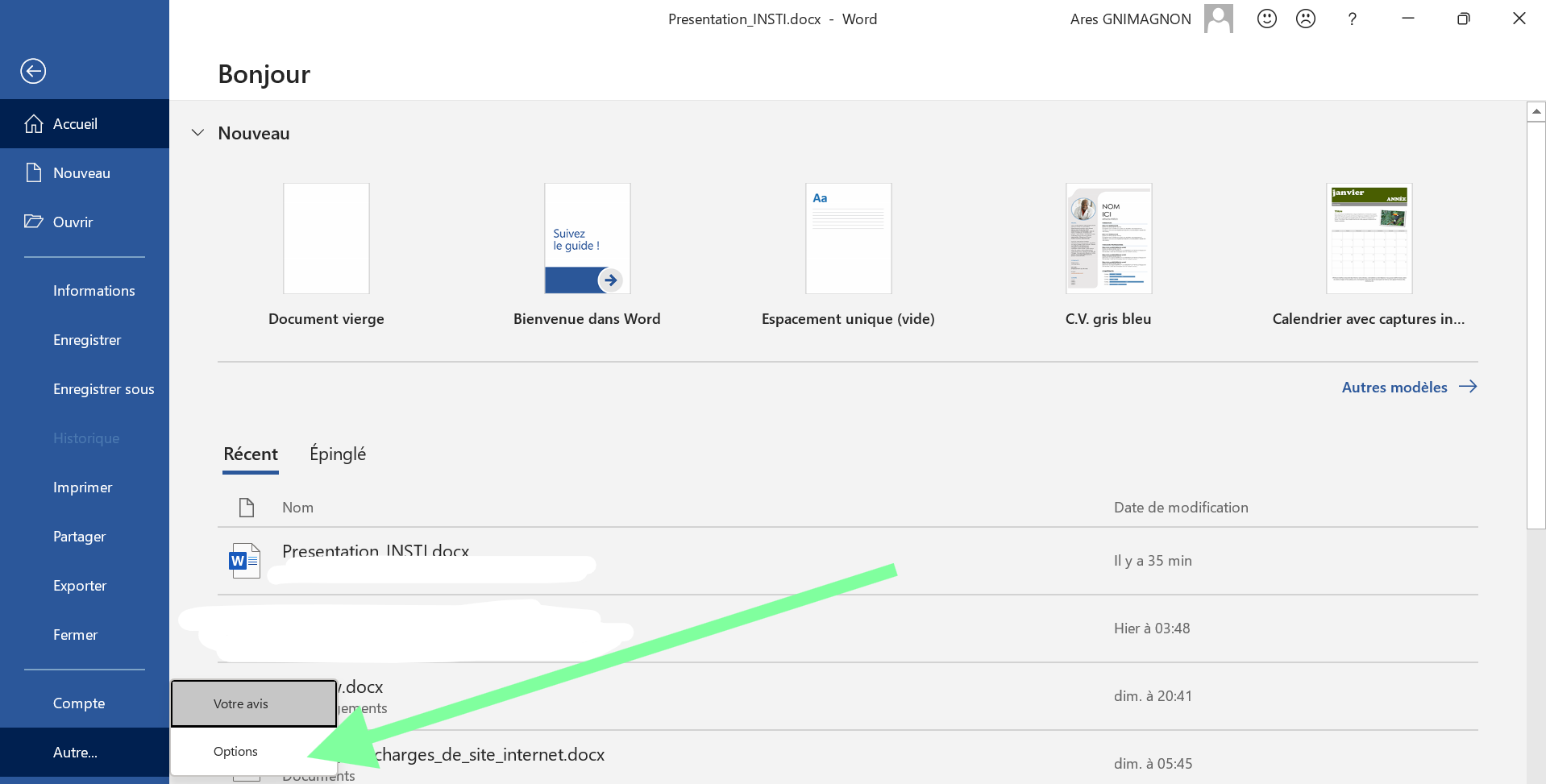 Ouvrir les Options de Word